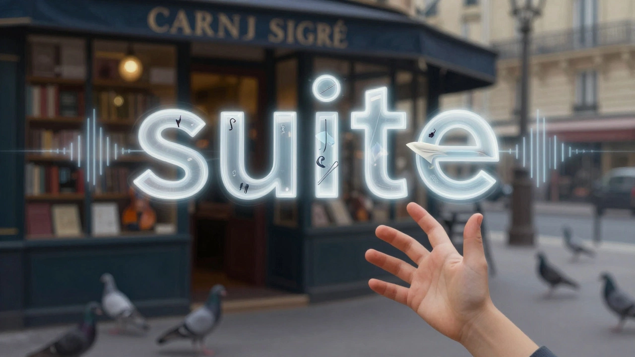 A child’s hand reaching toward a glowing, abstract word &#039;suite&#039; made of floating Parisian sounds.