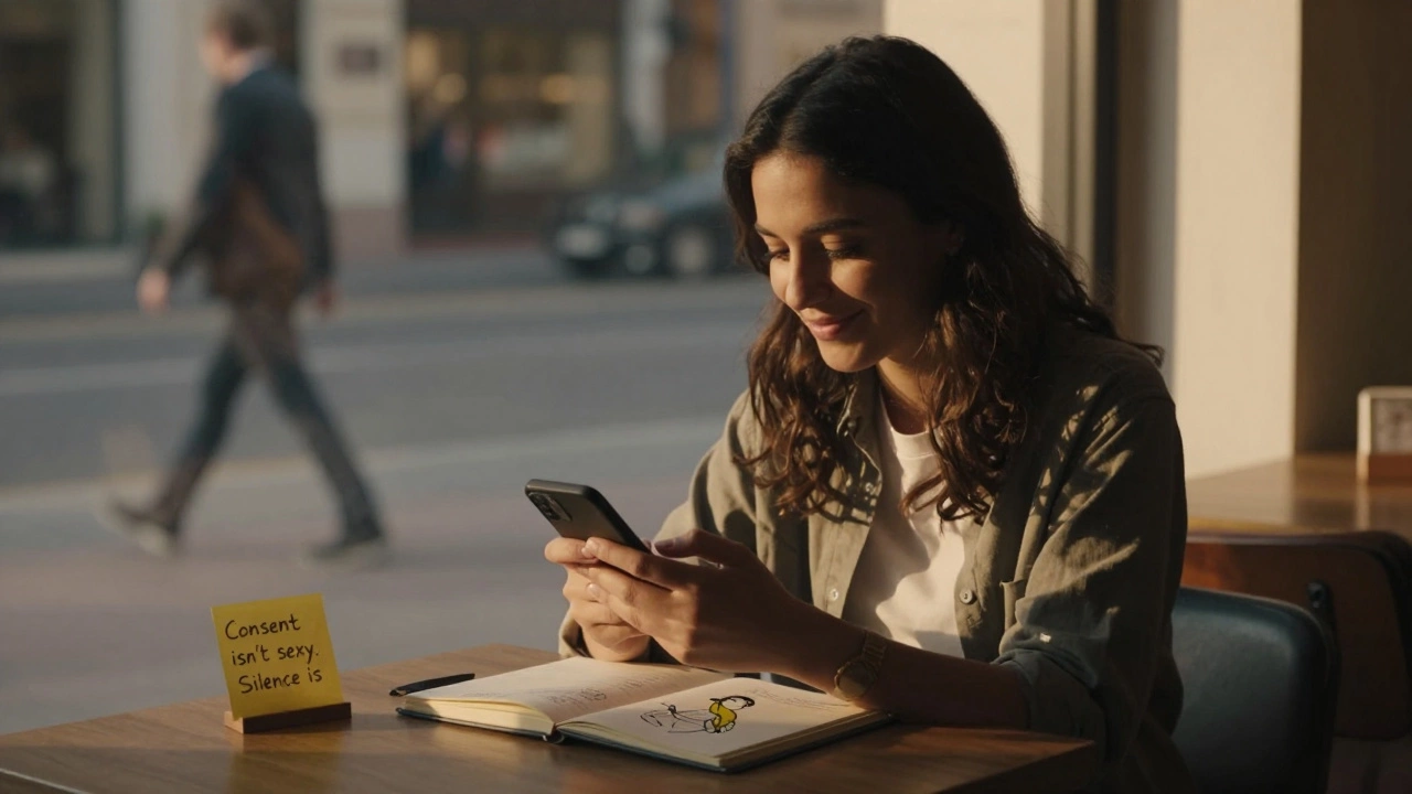 A woman smiling as she turns off her phone at a café, with a notebook showing a banana doodle and the phrase &#039;Silence is.&#039;