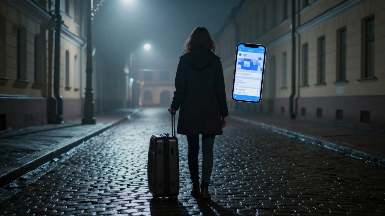 A woman standing alone on a rainy St. Petersburg street at night with a suitcase.