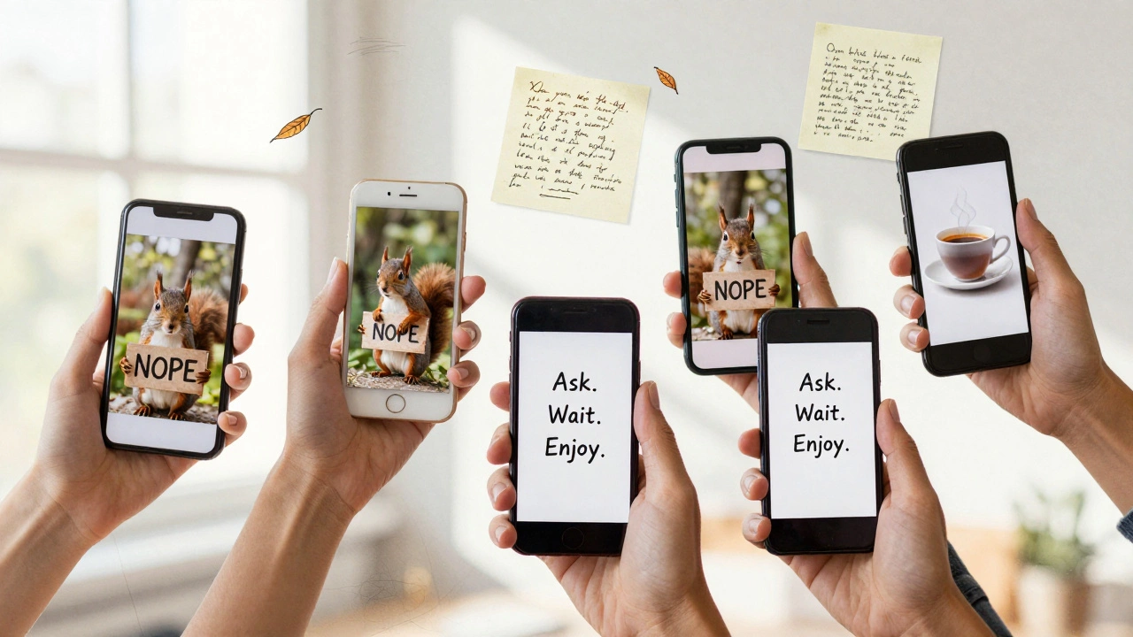 Collage of handwritten poems, tea drawings, and squirrel cartoons responding to digital boundary violations.